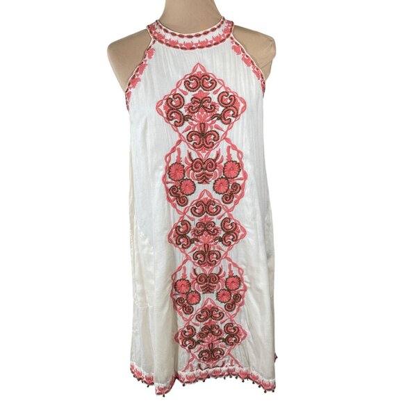 LulaSoul Halter Swing Dress Embroidered M (READ) Cream Peach Boho - Picture 1 of 11